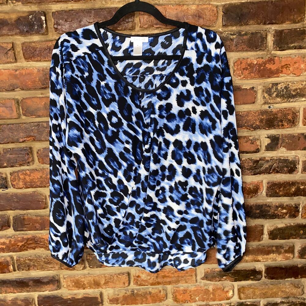 Cache Blue Leopard Animal Print Long Sleeve Faux Wrap Blouse Women's Size Medium
